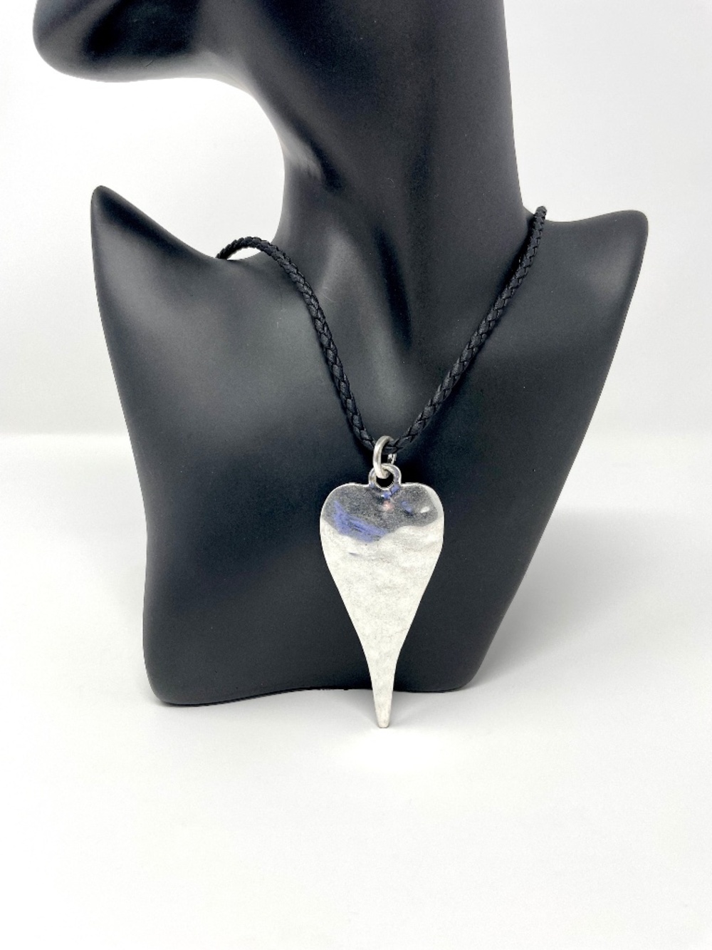 Hammered Silver Heart Spike Pendant Necklace Black Braided Cord RS Paris